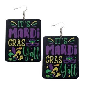 Its Mardi Gras Yall Rectangle Statement Dangle Wood Earrings